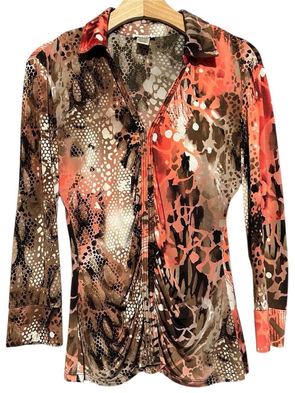 Cache Vintage Women’s Size M Brown Neutral Coral Animal Snake Print Blouse Top